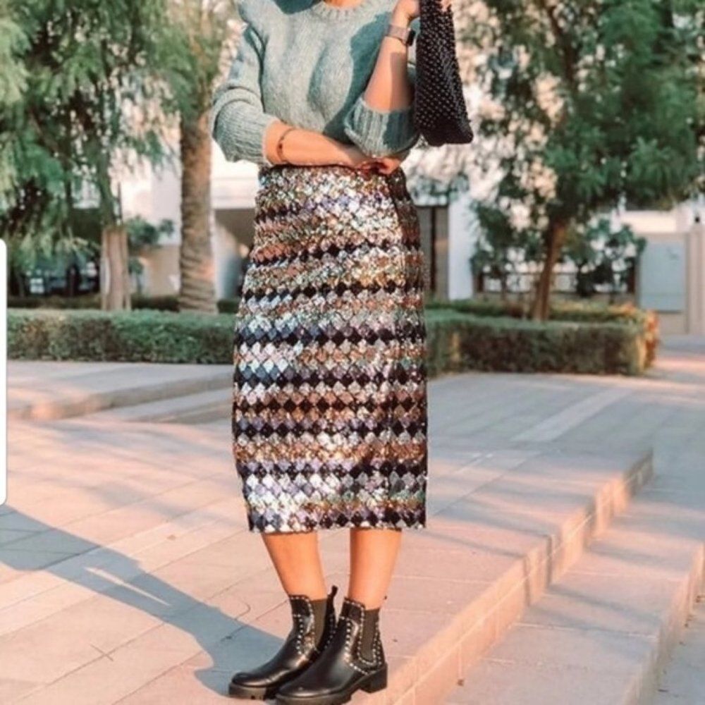 🍍3 For 50🍍Sequin Diamond-Pattern Midi Skirt - Black Multicolor - Picture 1 of 15